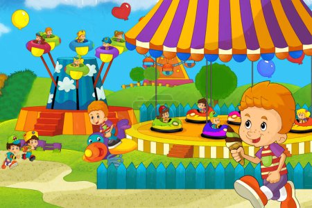 Foto de Escena de dibujos animados con los niños jugando en el parque de atracciones de la feria o el patio de recreo ilustración divertida - Imagen libre de derechos