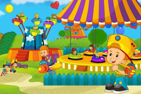 Photo for Cartoon scene with kids playing at funfair amusement park or playground funny illustration - Royalty Free Image