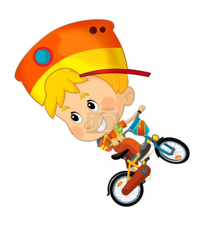 Téléchargez les photos : Scène de dessin animé avec petit garçon chevauchant un vélo pour le plaisir illustation isolé pour enfant - en image libre de droit