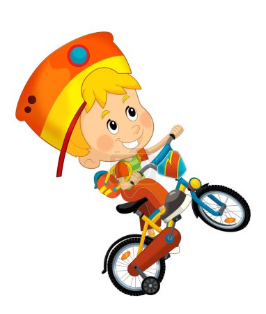 Téléchargez les photos : Scène de dessin animé avec petit garçon chevauchant un vélo pour le plaisir illustation isolé pour enfant - en image libre de droit