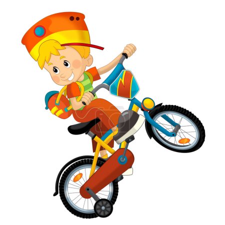 Photo for Cartoon scene with little boy riding on a bicycle for fun isolated illustation for kid - Royalty Free Image