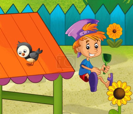 Foto de Escena de dibujos animados con los niños jugando en el parque de atracciones de la feria o el patio de recreo ilustración divertida - Imagen libre de derechos