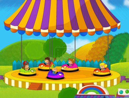 Téléchargez les photos : Scène de dessin animé avec des enfants jouant au parc d'attractions ou aire de jeux amusant illustration - en image libre de droit