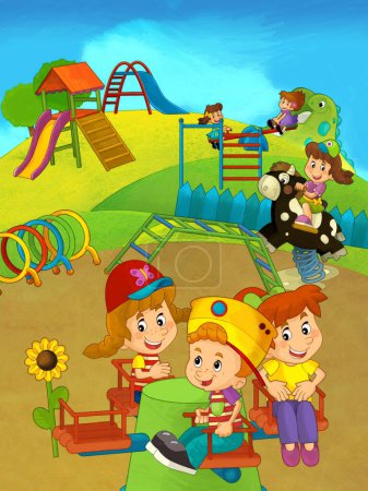 Cartoon scene with kids playing at funfair amusement park or playground funny illustration