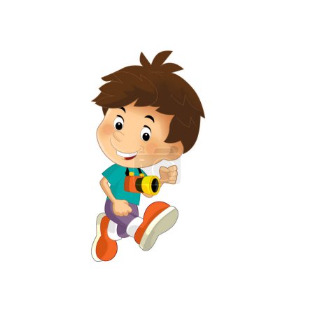 Foto de Escena de dibujos animados con niño corriendo con cámara en el cuello ilustración aislada para niños - Imagen libre de derechos