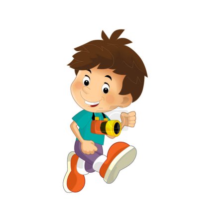 Foto de Escena de dibujos animados con niño corriendo con cámara en el cuello ilustración aislada para niños - Imagen libre de derechos