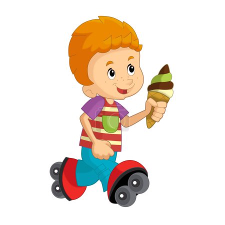 Photo for Cartoon scene with young boy eating ice cream having fun isolated illustation for kids - Royalty Free Image