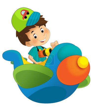 Photo for Cartoon boy kid on a toy funfair plane amusement park or playground isolated illustration for kids - Royalty Free Image