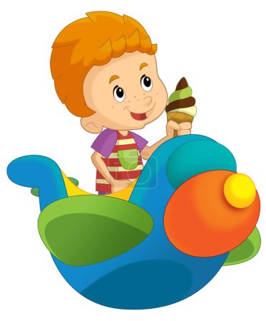 Photo for Cartoon boy kid on a toy funfair plane amusement park or playground isolated illustration for kids - Royalty Free Image