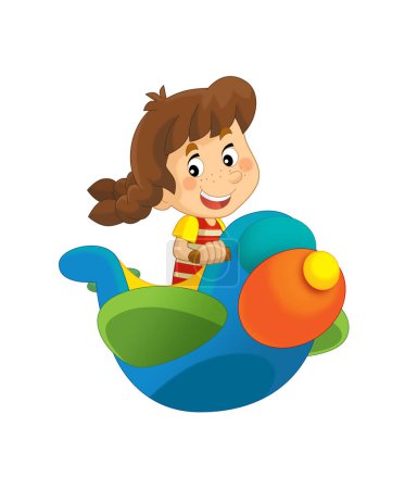 Téléchargez les photos : Dessin animé fille enfant sur un jouet Funfair avion parc d'attractions ou aire de jeux illustration isolée pour les enfants - en image libre de droit