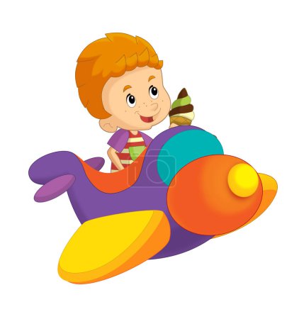 Téléchargez les photos : Dessin animé garçon enfant sur un jouet amusant avion parc d'attractions ou aire de jeux illustration isolée pour les enfants - en image libre de droit