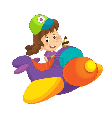 Photo for Cartoon girl kid on a toy funfair plane amusement park or playground isolated illustration for children - Royalty Free Image