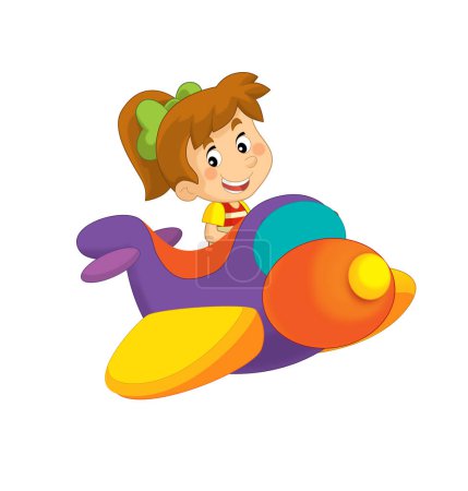 Téléchargez les photos : Dessin animé enfant fille sur un jouet Funfair avion parc d'attractions ou aire de jeux illustration isolée pour les enfants - en image libre de droit