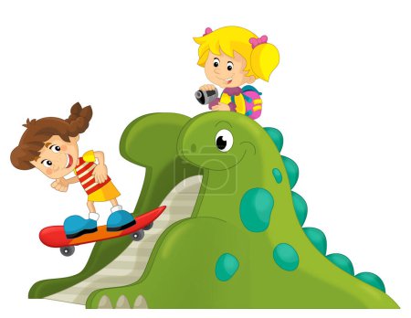 Foto de Escena de dibujos animados con niños jugando en el parque infantil de dinosaurios o juguete de feria ilustración aislada para niños - Imagen libre de derechos