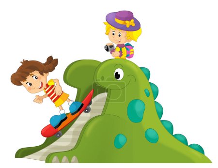 Photo for Cartoon scene with playing kid on dinosaur playground or funfair toy isolated illustration for children - Royalty Free Image