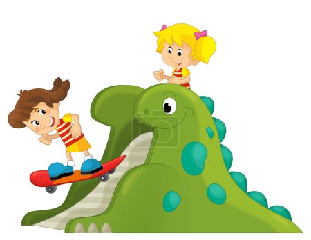 Téléchargez les photos : Scène de dessin animé avec jeu d'enfant sur aire de jeux dinosaure ou jouet funfair illustration isolée pour enfants - en image libre de droit