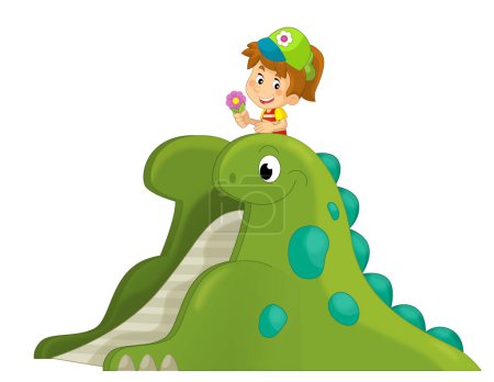 Foto de Escena de dibujos animados con niños jugando en el parque infantil de dinosaurios o juguete de feria ilustración aislada para niños - Imagen libre de derechos