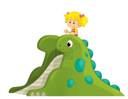 Téléchargez les photos : Scène de dessin animé avec jeu d'enfant sur aire de jeux dinosaure ou jouet funfair illustration isolée pour enfants - en image libre de droit