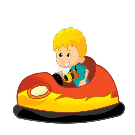 Téléchargez les photos : Scène de dessin animé avec enfant garçon conduite Funfair voiture pare-chocs coloré illustration isolée pour les enfants - en image libre de droit