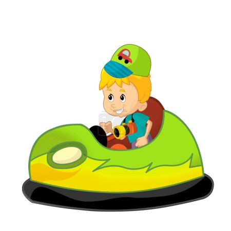 Photo for Cartoon scene with kid boy driving funfair colorful bumper car isolated illustration for kids - Royalty Free Image