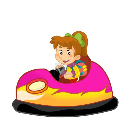Foto de Escena de dibujos animados con niña conduciendo diversión colorido parachoques coche aislado ilustración para niños - Imagen libre de derechos