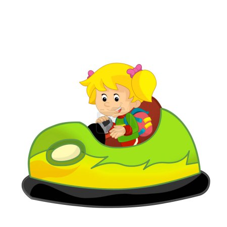 Téléchargez les photos : Scène de dessin animé avec enfant fille conduite Funfair voiture pare-chocs coloré illustration isolée pour les enfants - en image libre de droit