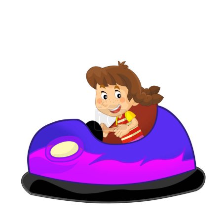 Téléchargez les photos : Scène de dessin animé avec enfant fille conduite Funfair voiture pare-chocs coloré illustration isolée pour les enfants - en image libre de droit