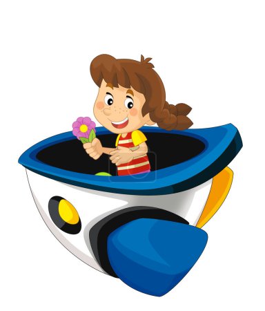 Photo for Cartoon kid on a toy funfair space ship or star ship amusement park or playground isolated illustration for kids - Royalty Free Image