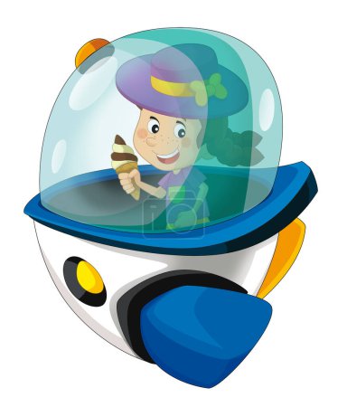 Photo for Cartoon kid on a toy funfair space ship or star ship amusement park or playground isolated illustration for kids - Royalty Free Image