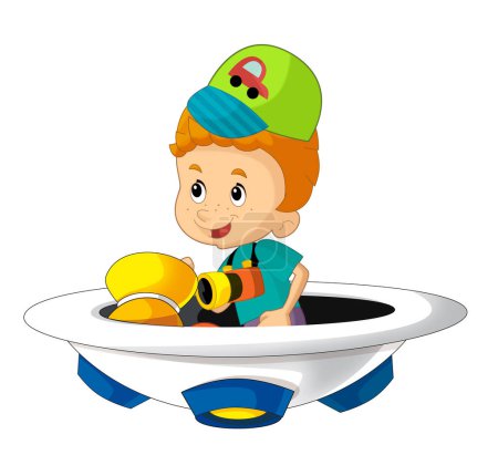 Photo for Cartoon kid on a toy funfair space ship or star ship amusement park or playground isolated illustration for children - Royalty Free Image