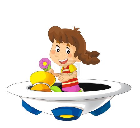 Photo for Cartoon kid on a toy funfair space ship or star ship amusement park or playground isolated illustration for children - Royalty Free Image