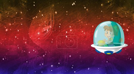 Téléchargez les photos : Dessin animé drôle scène colorée de cosmos galactique alien ufo illustration isolée pour les enfants - en image libre de droit