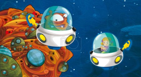 Dibujos animados divertido colorido escena de cosmos galáctica alienígena ufo aislado ilustración para niños