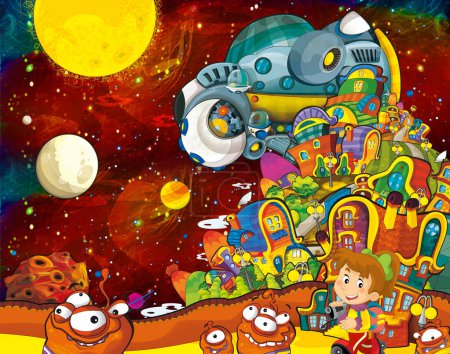 Téléchargez les photos : Dessin animé drôle scène colorée de cosmos galactique alien ufo illustration isolée pour les enfants - en image libre de droit