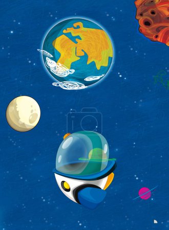 Cartoon funny colorful scene of cosmos galactic alien ufo isolated illustration for kids