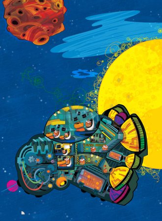 Téléchargez les photos : Dessin animé drôle scène colorée de cosmos galactique alien ufo vaisseau spatial avion illustration isolée pour les enfants - en image libre de droit