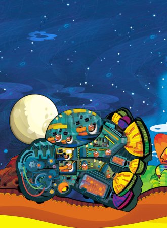 Foto de Dibujos animados divertido colorido escena de cosmos galáctica alienígena nave espacial avión aislado ilustración para niños - Imagen libre de derechos