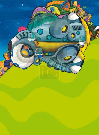 Photo for Cartoon funny colorful scene of cosmos galactic alien ufo space craft plane isolated illustration for kids - Royalty Free Image