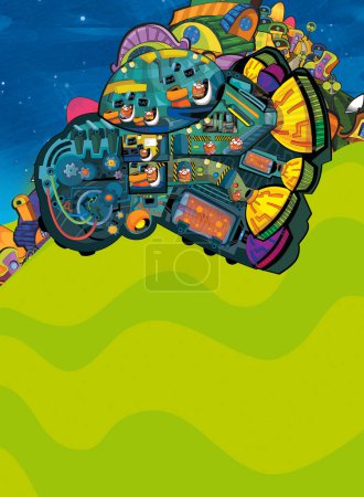 Photo for Cartoon funny colorful scene of cosmos galactic alien ufo space craft plane isolated illustration for kids - Royalty Free Image