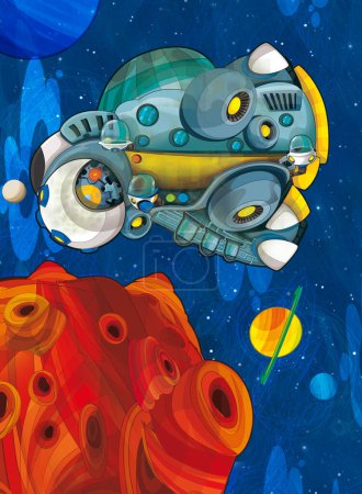Téléchargez les photos : Dessin animé drôle scène colorée de cosmos galactique alien ufo vaisseau spatial avion illustration isolée pour les enfants - en image libre de droit
