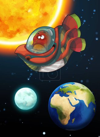 Photo for Cartoon funny colorful scene of cosmos galactic alien ufo space craft ship isolated illustration for kids - Royalty Free Image