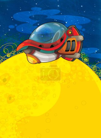 Téléchargez les photos : Dessin animé drôle scène colorée de cosmos galactique alien ufo vaisseau spatial illustration isolée pour les enfants - en image libre de droit