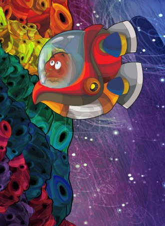 Foto de Dibujos animados divertida escena colorida de cosmos nave espacial extraterrestre alienígena galáctica ilustración aislada para niños - Imagen libre de derechos