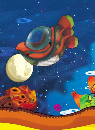 Téléchargez les photos : Dessin animé drôle scène colorée de cosmos galactique alien ufo vaisseau spatial illustration isolée pour les enfants - en image libre de droit