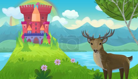 Photo for Cartoon bright scene for fairy tales with kindgom castle with deer illustration for kids - Royalty Free Image
