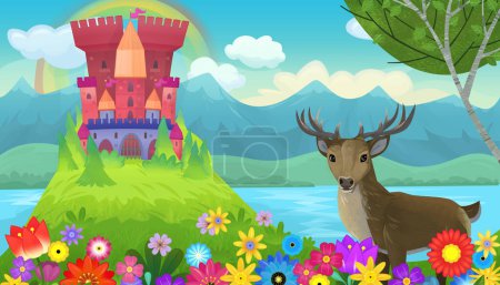 Foto de Dibujos animados brillante escena para cuentos de hadas con castillo kindgom con ilustración de ciervos para niños - Imagen libre de derechos