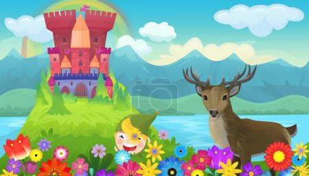 Téléchargez les photos : Dessin animé scène lumineuse pour contes de fées avec château kindgom avec illustration de cerf pour les enfants - en image libre de droit