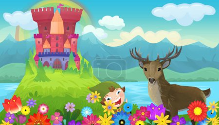 Téléchargez les photos : Dessin animé scène lumineuse pour contes de fées avec château kindgom avec illustration de cerf pour les enfants - en image libre de droit