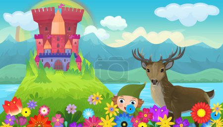 Photo for Cartoon bright scene for fairy tales with kindgom castle with deer illustration for kids - Royalty Free Image