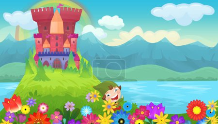 Téléchargez les photos : Dessin animé scène lumineuse pour contes de fées avec kindgom château illustration pour les enfants - en image libre de droit